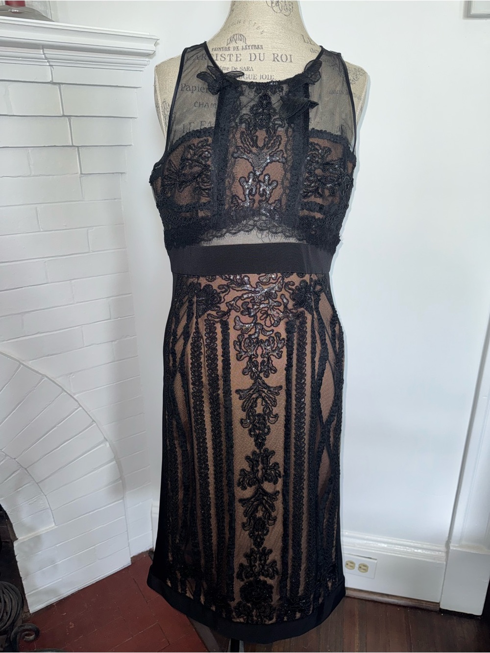 Black Lace Midi Dress with Nude Lining